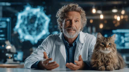 Veterinarian interacts with an attentive cat during a presentation
