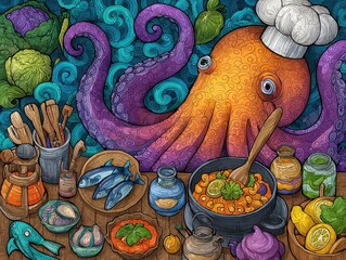 Colorful octopus chef preparing a seafood dish.