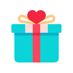 A teal gift box with ribbon and red heart