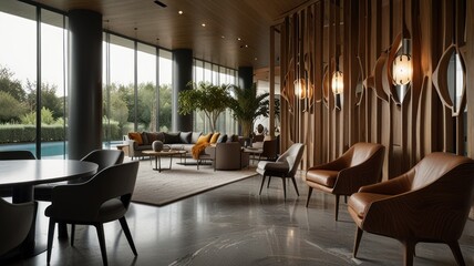 Fototapeta premium Modern interior design lounge area with natural light.