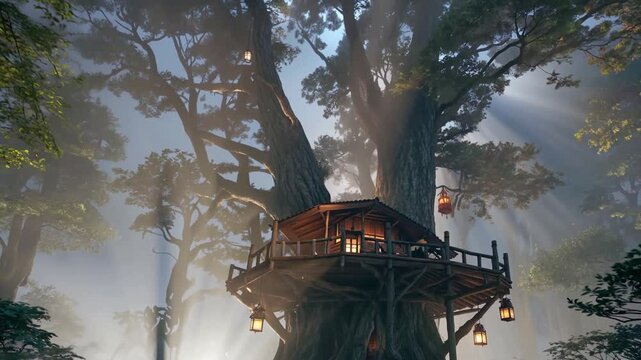 Cabane magique perch&eacute;e dans un arbre g&eacute;ant avec lanternes suspendues

