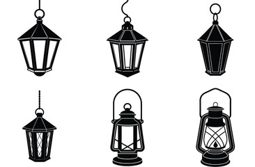 This vector icon set features a collection of antique lantern silhouettes, showcasing their classic design as light symbols