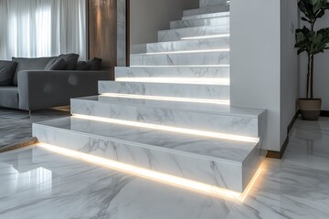 Dreamlike white marble floating steps with subtle underlighting, modern luxury interior