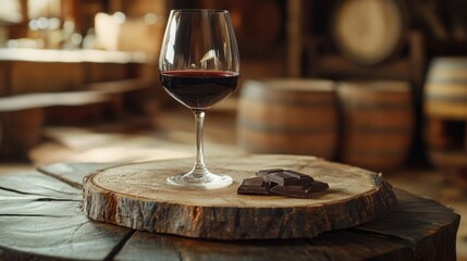 Elegant Still Life of Red Wine and Dark Chocolate on Rustic Wood Surface in Wine Cellar Setting