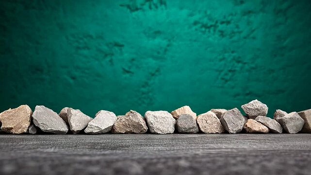 A row of various stones on a wooden surface against a textured teal background