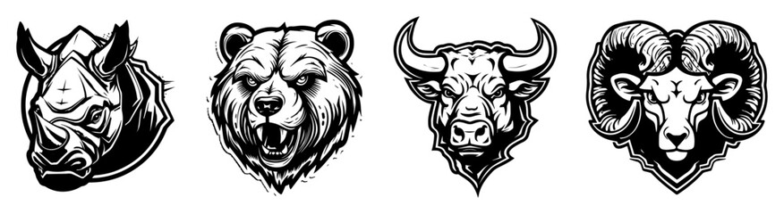 wild animal head vector set in black outline tattoo style