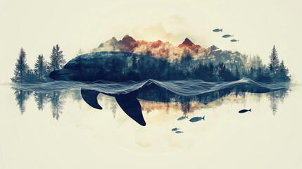 Whale in a peaceful forest landscape reflection