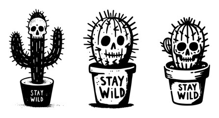 funny cactus character vector illustrations with text stay wild © Aisha Kudorova