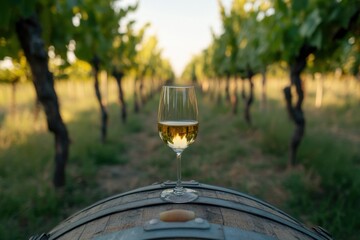Wine glass on barrel in vineyard at sunset low angle view wine tasting experience in Napa Valley California