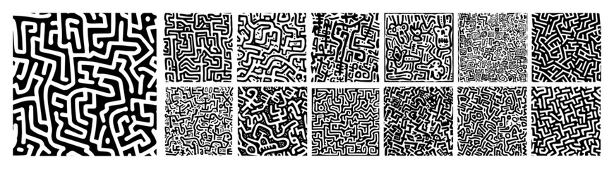 maze and labyrinth seamless patterns in black vector style