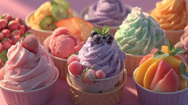 Delightful assortment of colorful ice cream with fresh fruits in vibrant setting