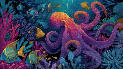 Obraz premium Vibrant underwater scene featuring an octopus and colorful fish.