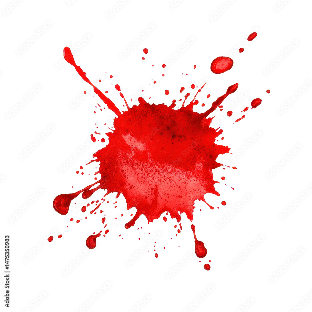 Poster Blood stain isolated on white background showcasing vivid red color and splatter patterns with detailed texture, Blood stain isolated on white background