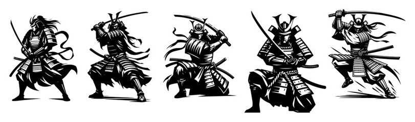 samurai warrior poses vector illustrations in tattoo outline style