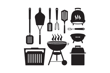 BBQ Grill and Barbecue Tools Silhouette Icon Set Cooking Equipment Vector