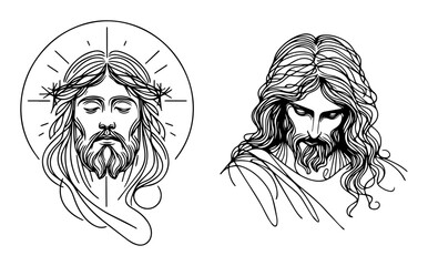 jesus christ portrait vector illustrations in sketch line style