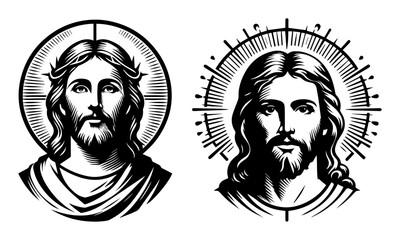 sacred jesus head illustrations in engraved monochrome style