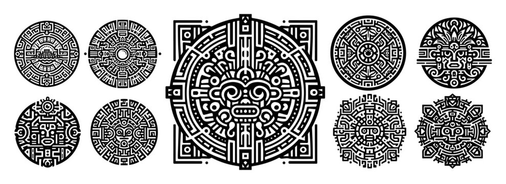 aztec and maya circular symbols vector illustrations in tribal style