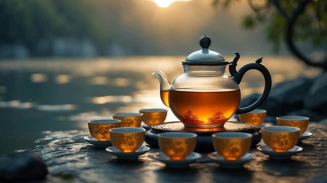 Riverside tea ceremony featuring an outdoor tea-making process with a glass teapot, showcasing a holder with cups, a teapot, and tea tongs from a close front view.