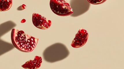 Fototapeta premium Minimalist fruit concept with floating pomegranate slices on clean cream background, shadow play and negative space