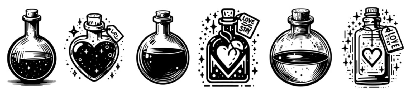 magic potion bottle vector illustrations in fantasy tattoo style