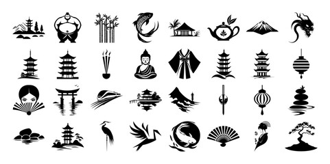asian culture icon collection in traditional black vector style