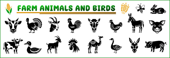 Farm animals and birds icon collection 