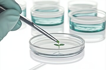 Plant tissue culture with forceps in petri dish for scientific research, agriculture, botany, biology use cases