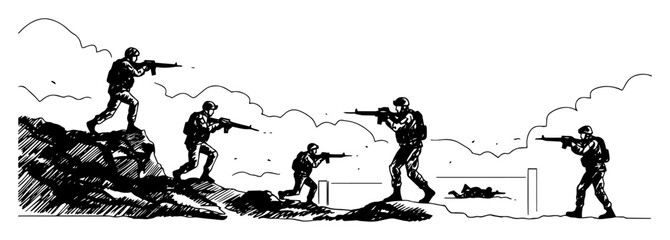 soldiers in action sketch scene in black military vector style