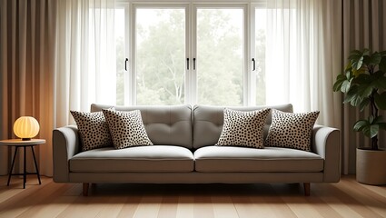 Fototapeta premium Cozy living room interior featuring a comfortable sofa with decorative animal print pillows near a window.