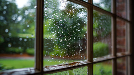 raindrops on window with green leaf background
