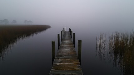 Fototapeta premium A wooden dock extends over water into a hazy morning