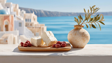 Delicious cheese and berries by the ocean
