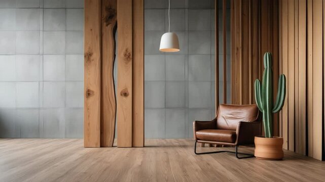 Gray wall next to modern wooden divider with pendant light, textured wood laminate flooring, and cactus beside chair idea