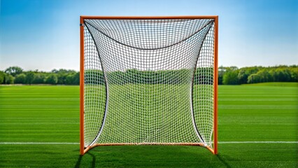 Front view of a lacrosse net on a grassy green park field