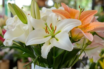 Fototapeta premium Vibrant lilies in bloom with white and orange petals in a lush arrangement
