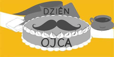 Father's Day Delight: A festive cake adorned with a mustache and inscription, accompanied by a cup of coffee, symbolizes the warmth and celebration of Father's Day.