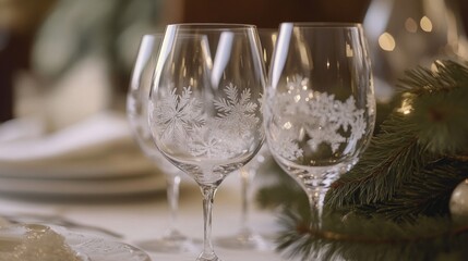 Etched Glass Wine Glasses on Festive Table Setting