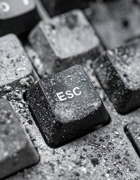 Dusty escape key on grime-covered keyboard highlighting neglect and wear