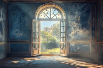 Antique room with open doors revealing a sunny outdoor landscape and beautiful light