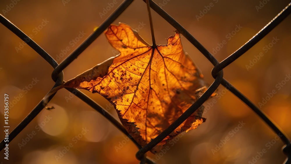 Poster a single maple leaf rests on a chain link fence, its vibrant orange hue contrasting with the greener
