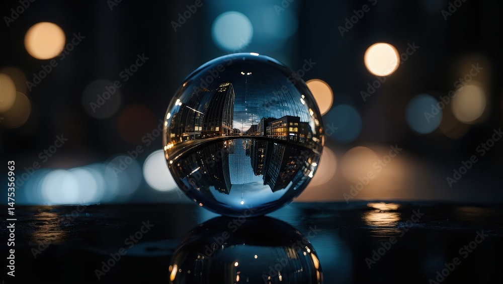 Poster a reflective globe on a surface, capturing the lights of a cityscape at night.