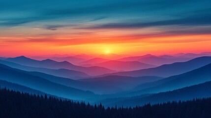 Obraz premium Mountain range silhouettes fade into the distance under a colorful sunset sky
