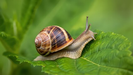 A small brown snail on green leaves.