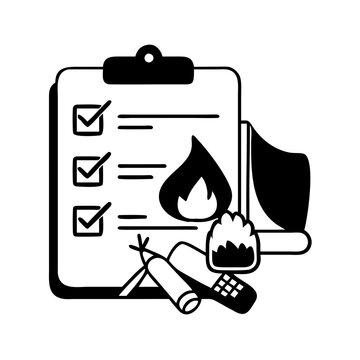 recommend clip art: Campfire safety checklist with fire flame and camping equipment in black and white