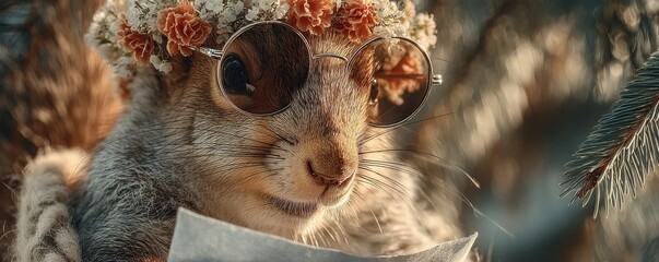 Fototapeta premium Cute squirrel wearing sunglasses and flower crown in a cheerful environment