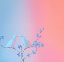 Invitation card with  romantic decoration with birds on a branch on pastel pink and blue background with empty space for text message.