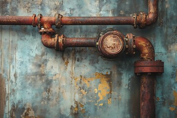 Close up shot of rusty industrial pipes with corrosion against a textured wall