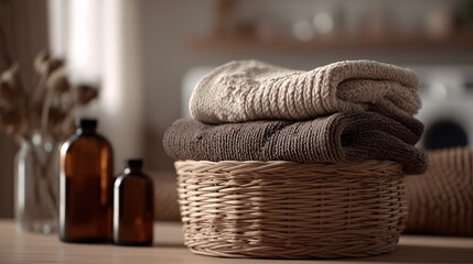 Obraz premium Laundry setup with cozy minimalism, folded neutrals in basket, amber glass bottles nearby