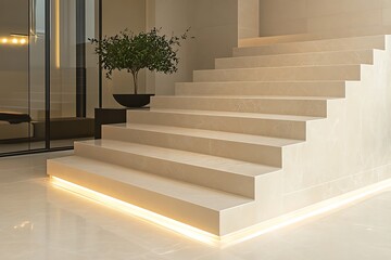 Polished stone floating staircase, light beige tones blending into a luxurious soft setting